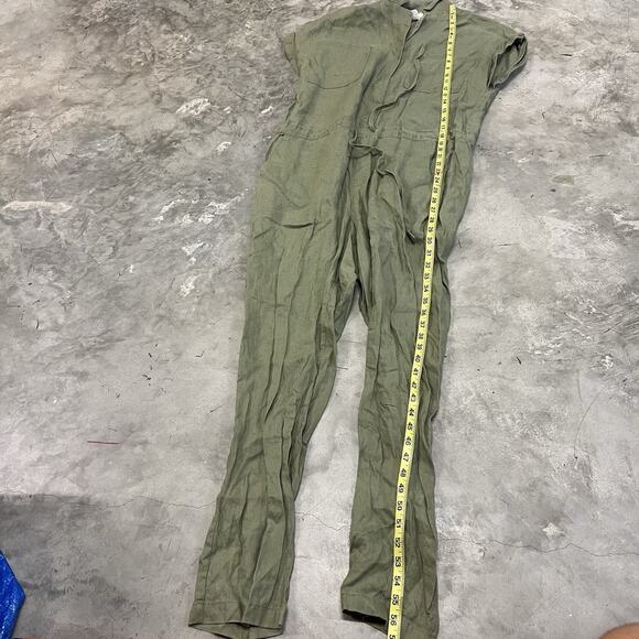 Magaschoni Womens Size 8 Linen Check Wide Leg Jumpsuit Romper Green Pockets READ - Picture 2 of 8